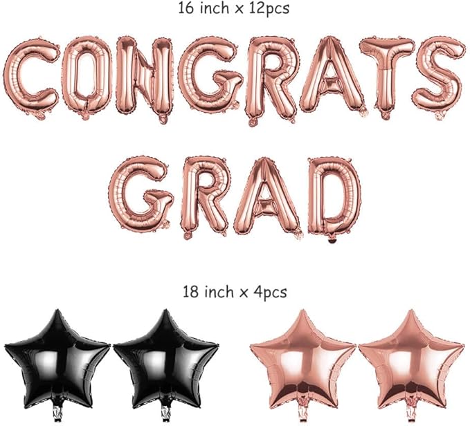 Graduation Balloons Set - CONGRATS GRAD Rose Gold Foil Letter Balloons with Star Decorations - Perfect Graduation Gift for 2026 Graduates - Party Decoration Kit