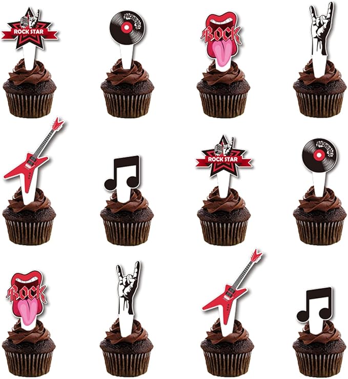 Rock and Roll Cupcake Topper Musical Themed Guitar Cake Topper, Guitar, Note, Rock Music Elements Rock Party Decorations for 80's Retro Themed Music Party Supplies(24Pcs)…