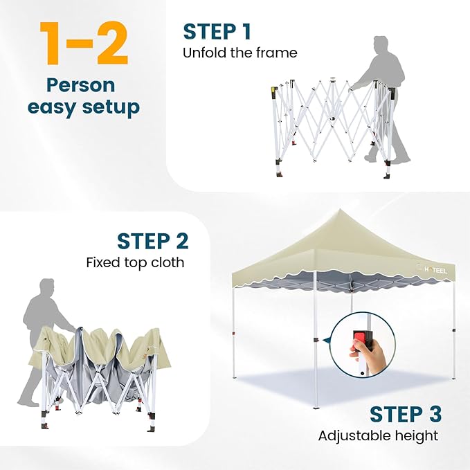 Hoteel 10x10 Pop Up Canopy Tent | One Person Setup Outdoor Shade, UPF 50+ and Waterproof, 210D Oxford Top, 3 Heights Adjustable, 600D Carry Bag for Beach, Events, Commercial Use (Khaki)