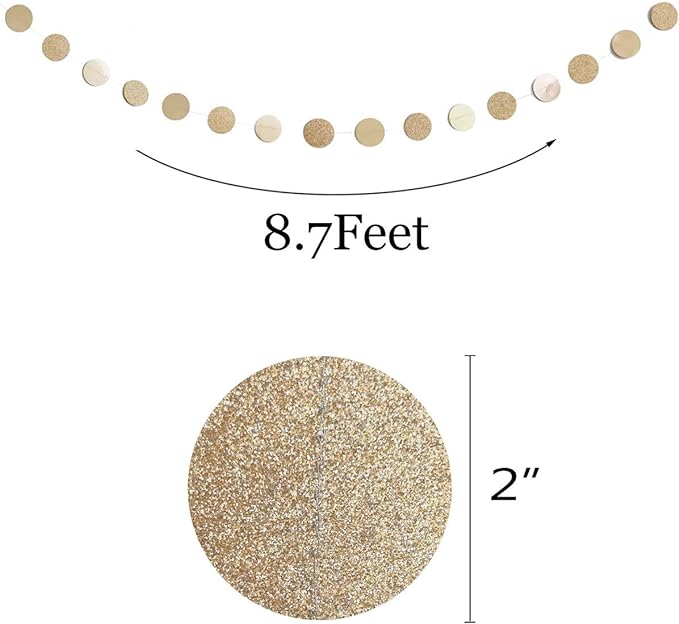 6 Pcs Glitter Champagne Gold Paper Circle Dots Garland (52 Feet) Party Hanging Bunting Birthday Party Decorations Engagement Party Bridal Shower Wedding Baby Shower Christmas Supplies Photo Backdrop