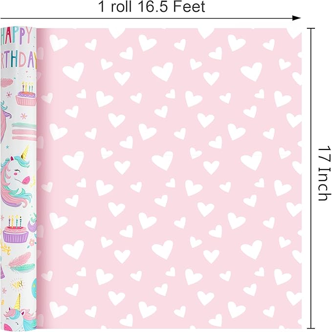 MAYPLUSS Unicorn Wrapping Paper for Girl, 17 Inch x 16.5 Feet Birthday Gift Wrap Featuring Gold Corn Reversible Heart for Princess Kids Baby Shower