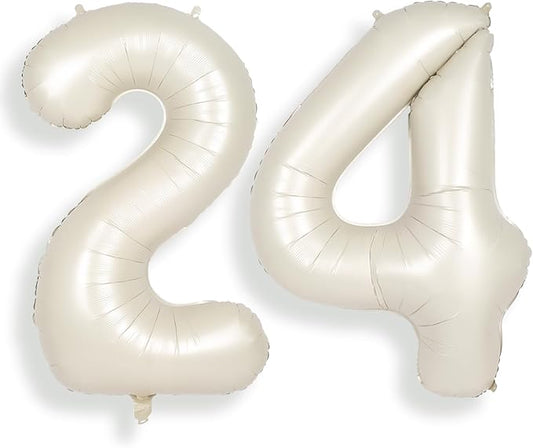 SUWEN 40 Inch Large Cream White 24 Number Balloons Big Foil Helium Number Balloons 0-9 Jumbo Happy 24th Mylar Birthday Party Decorations for Women or Men 42 Anniversary Party Supplies