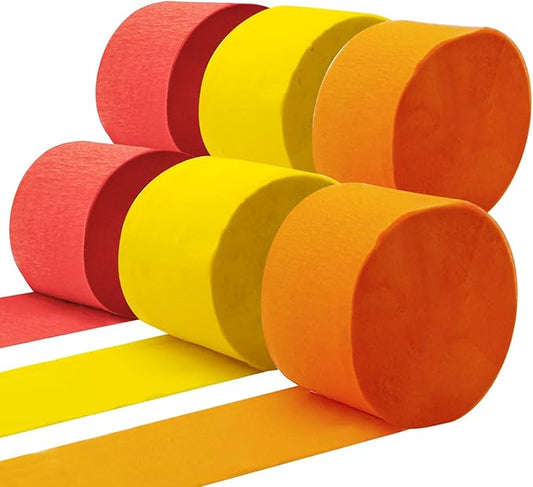 PheiLa Crepe Paper Streamers 6 Rolls 492ft, Crepe Paper Thanksgiving Birthday Decorations Red Orange Yellow Fall Party Supplies for DIY Gift Wrapping Holiday Party Decor, 1.77 Inch x 82 Ft/Roll
