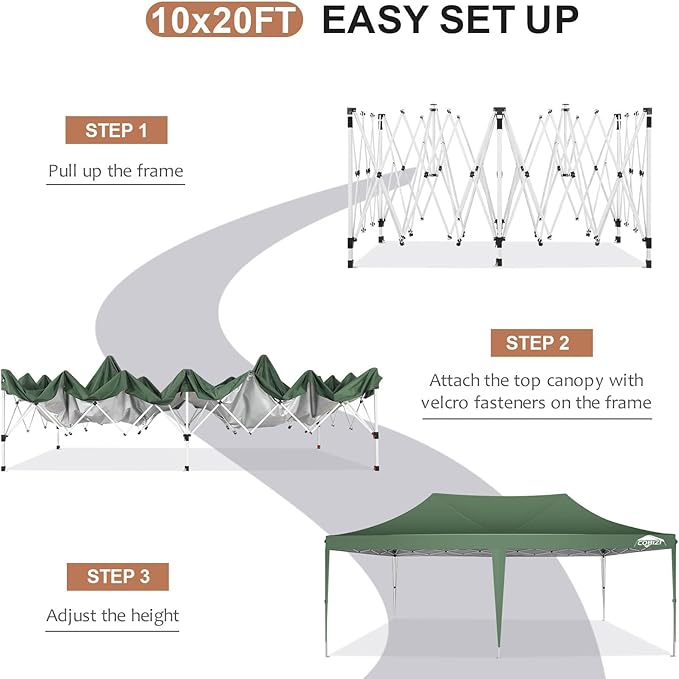 COBIZI 10x20 Pop Up Canopy with 6 Sidewalls,10x20 Canopy Tent Frame Upgraded with 3 Adjustable Heights,Waterproof UV50+ Outdoor Party Commercial Ez Up Gazebos with Carry Bag(10 x 20 ft Green)