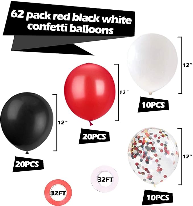 62Pcs Red and Black Balloons Kit - 12 Inches Red Black Party Decoration Balloons for Graduation Casino Theme Birthday Graduation Party Decorations Supplies