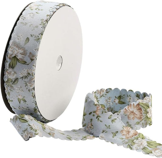 20 Yards Blue Floral Print Ribbon Flower Pattern Ribbon Vintage Spring Polyester Wavy Edge Ribbons Bulk with Spool for Sewing Making Wreath Wedding Crafts Bouquet Birthday Decor Christmas