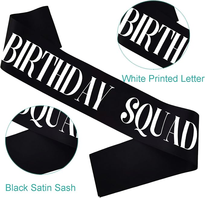 8PCS Birthday Squad Sashes, Black Birthday Sash Set for Women or Me Funny 16th 18th 21st 30th 40th 50th or Other Bday Party Favors Decorations