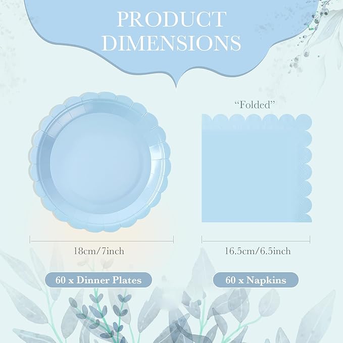 120 Pcs Light Blue Paper Plates and Napkins Party Supplies Bulk Disposable 7 Inch Scalloped Plates Cocktail Napkins for Wedding Bridal Baby Shower Birthday Decorations, Serve 60 Guests