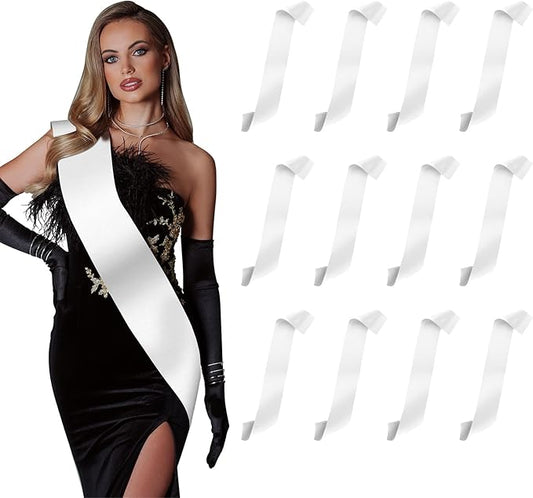 12pcs White Satin Sash Party Favors - Graduation, Birthday, Bride To Be, Bachelorette, Prom Queen, Homecoming Court, President, Girl Scout, Wedding Decorations