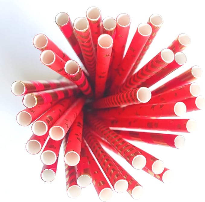 100 pcs Mixed Biodegradable Party Paper Straws, Disposable Red Gold Foil Striped Chevron Dot Star Drinking Straws Bulk, Holiday Christmas Valentine Wedding Cake Pop Sticks (All Wrapped Up)