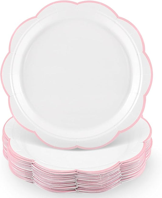 NatNarr 30 Pcs Pink and White Paper Plates, 9 Inch White Plates with Pink Trim Scalloped Paper Plate Disposable for Baby Shower, Wedding, Bridal Shower, Birthday