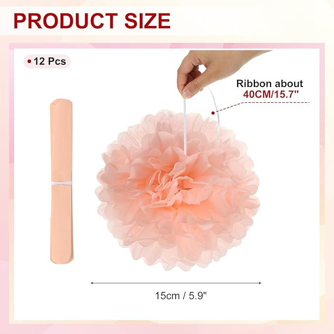 PATIKIL 6inch Tissue Paper Pom Poms, 12PCS Pom Poms Paper Flowers Ball Tissue Paper Flowers for Wedding Bridal Shower Birthday Bachelorette Party Backdrop Decoration, Light Orange