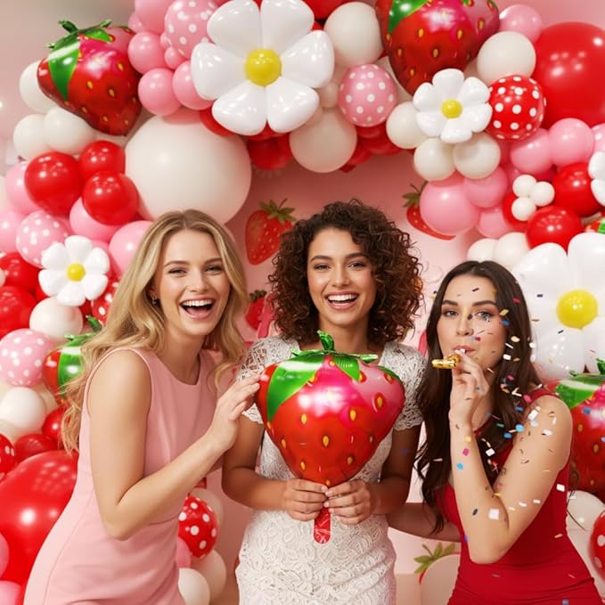 Strawberry Balloon Arch Kit 188Pcs with Strawberry Daisy Foil Balloons, Red Pink White Balloons for Sweet One Berry First Birthday Wedding Baby Shower Gender Reveal Girls Princess Party Decor