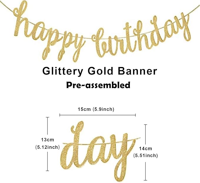 Gold Happy Birthday Banner Decoration Kit, Golden Glittery Birthday Banner Circle Dots Garland with Gold Silver Hanging Swirls for BDAY Baby Shower Party Decorations Supplies, Pre-Strung