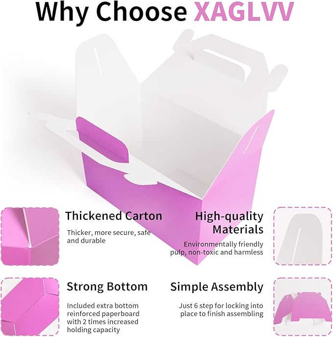 XAGLVV 24 Pack Pink Paper Gable Boxes,6.2 Inch Candy Boxes with Handle, Snack Party Favor& Gift Cookie bags for kids Birthday,Wedding, Baby Shower, Graduation.