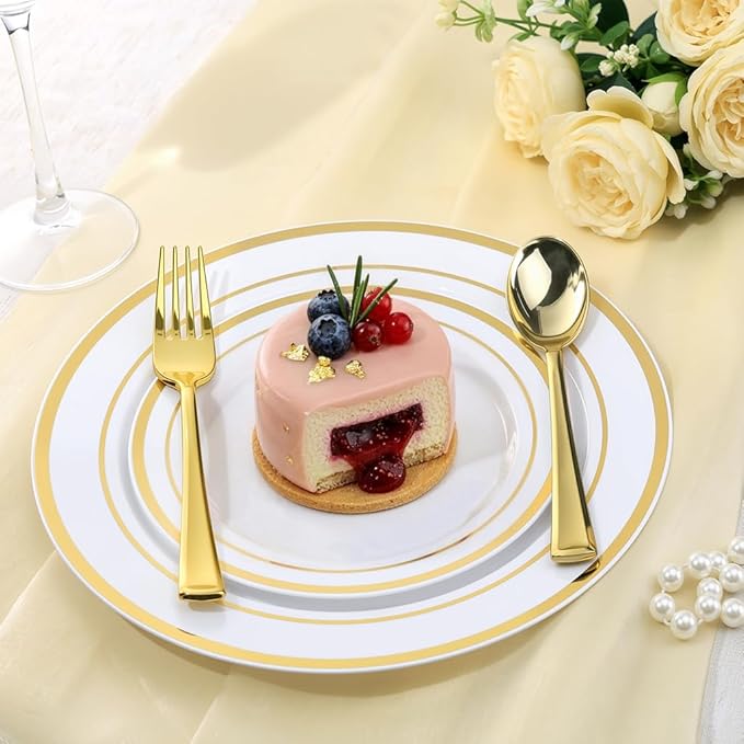 Goodluck 100 PCS Gold Plastic Silverware, Heavy Duty Plastic Cutlery Includes 50 Forks and 50 Spoons, Elegant Disposable Utensils, Durable Flatware for Parties, Weddings Catering and Dinners