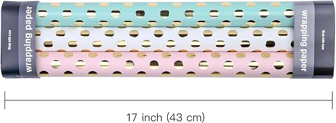 WRAPAHOLIC Birthday Wrapping Paper Roll - Mini Roll - 3 Rolls - 17 inch x 120 inch Per roll - Gold Foil Pink White Mint Polka Dots Design for Party, Holiday, Baby Shower