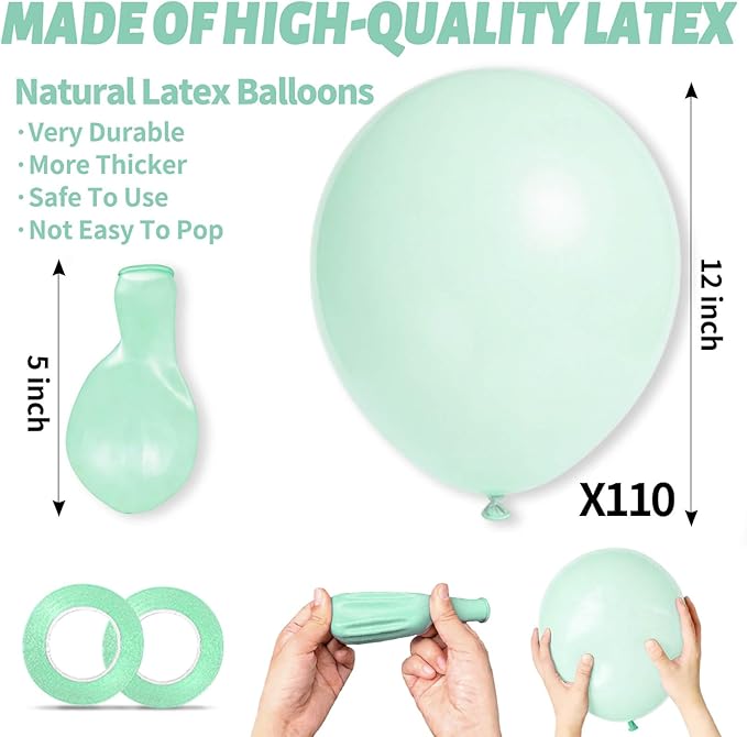 110pcs Pastel Green Balloon 12 Inch, Pastel Green Latex Balloons for Birthday Party Baby Shower Wedding(with 2 Ribbons).
