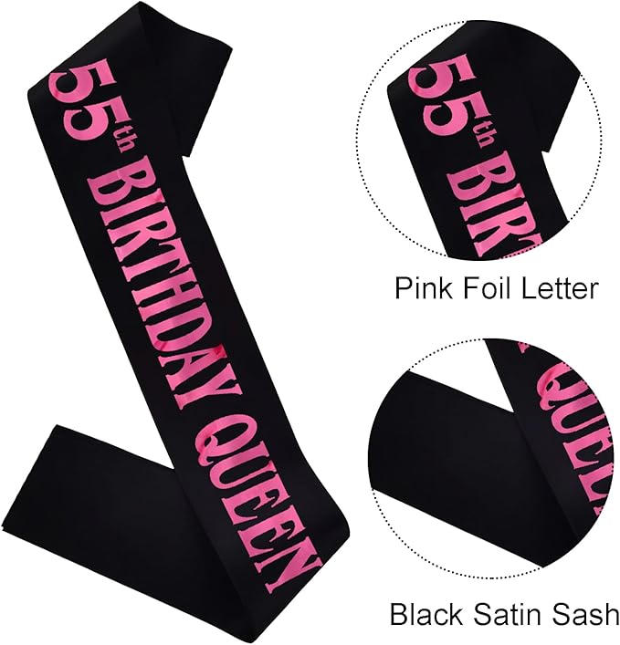 55th Birthday Queen Sash, Pink Foil Black Satin Birthday Sash for Women 55th Fabulous Birthday Party Gift Decorations Favors