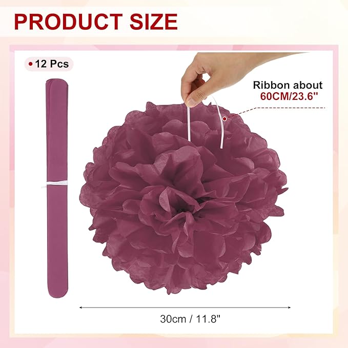 PATIKIL 12inch Tissue Paper Pom Poms, 12PCS Pom Poms Paper Flowers Ball Tissue Paper Flowers for Wedding Bridal Shower Birthday Bachelorette Party Backdrop Decoration, Wine Red