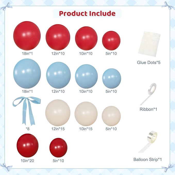 Red and Blue Balloon Arch Kit, Double Stuffed Red White and Blue Balloons with Bows for Cherry Birthday Baby Shower Bridal Shower Valentines Day Party Decorations