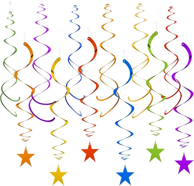 GAKA Rainbow Foil Hanging Ceiling Swirls Garland,Colourful Star Swirl Streamer Decorations for Birthday,Anniversary,Graduation Party Supplies(24Pcs)