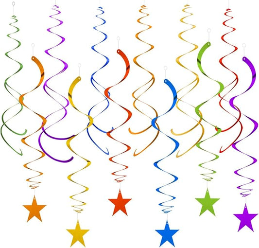 GAKA Rainbow Foil Hanging Ceiling Swirls Garland,Colourful Star Swirl Streamer Decorations for Birthday,Anniversary,Graduation Party Supplies(24Pcs)
