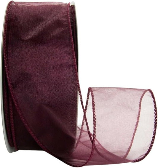 Ribbon Bazaar Sheer Organza Wired Ribbon - Wire Edged Ribbon for Floral Decor, Table Arrangements, Apparel Embellishment & More - 2-1/2" Burgundy 50yd Spool