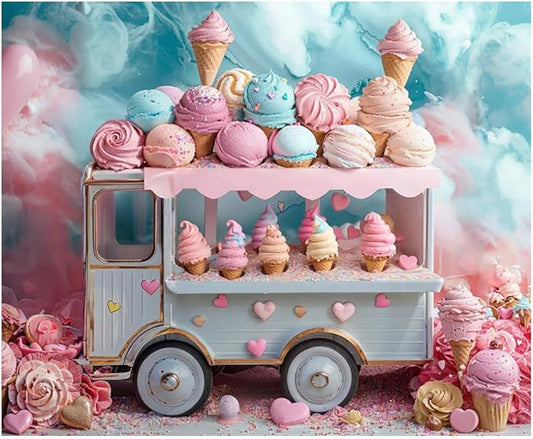 Kate 10x8ft Ice Cream Truck Happy Birthday Party Photography Backdrops Delicious Ice Cream Love Balloon Candy Photo Background Cake Smash Backgrounds