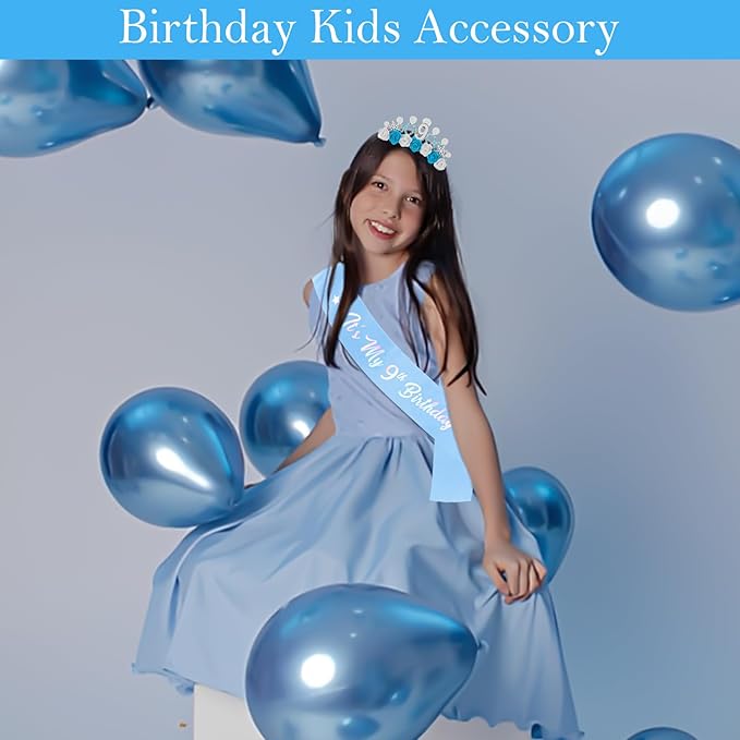 CUBACO 9th Birthday Crown Headband and Sash, 9 Year Old Girl Birthday Gifts for Blue Princess Crown, Frozen Party Decorations Favors for Girls Outfit