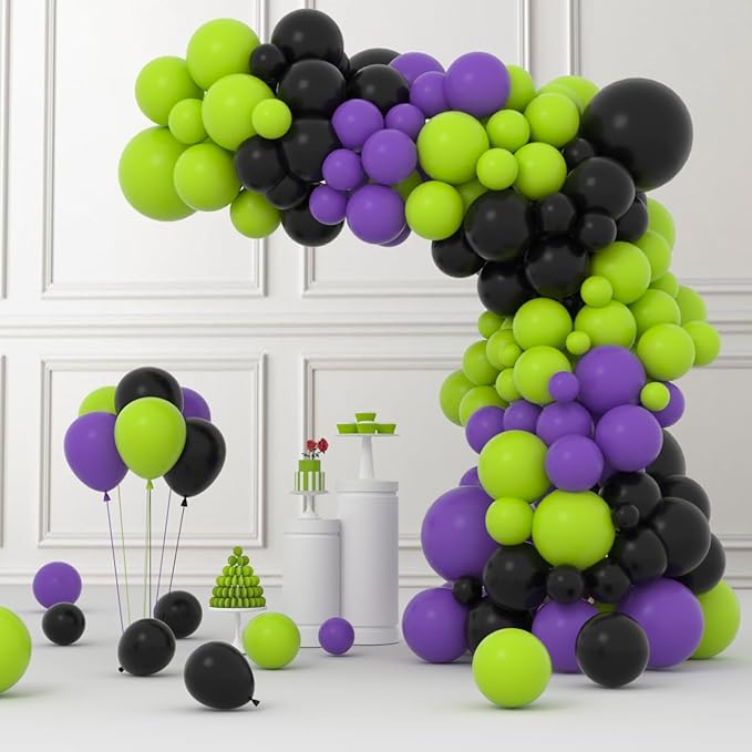 Lime Green Purple Black Balloon Garland Kit, 122PCS Black Purple Fruit Green Party Balloons for Birthday Video Game Anniversary Wedding Engagement Anniversary Graduation Racing Car Party Decorations