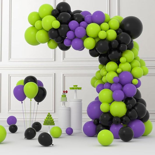 Lime Green Purple Black Balloon Garland Kit, 122PCS Black Purple Fruit Green Party Balloons for Birthday Video Game Anniversary Wedding Engagement Anniversary Graduation Racing Car Party Decorations