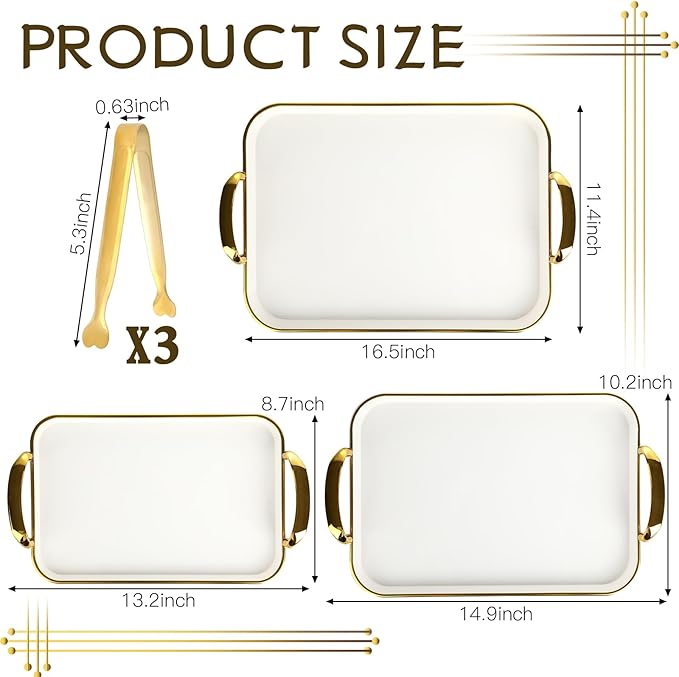 3 Pcs Serving Tray with Handles, Stackable Serving Platters with 3 Sugar Cube Tongs, 16.5/14.9/13.2 Inch Rectangle Food Trays, White Party Platters for Dinner, Cookie, Cake, Cheese and Fruit