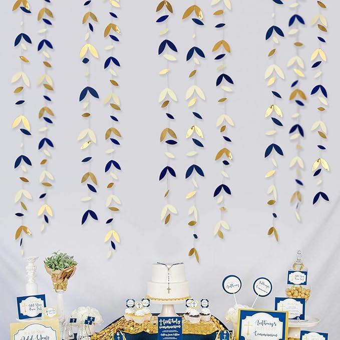 52 Ft Navy Blue Gold Party Decorations Royal Blue Gold Leaf Garland Paper Hanging Leaves Streamer Banner for Spring Birthday Bachelorette Engagement Anniversary Wedding Bridal Shower Party Supplies