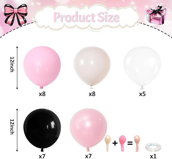 Black and Pink Balloons Set, Black White Clear Double Pearl White Pastel Pink Latex Balloons Set for Girl Women Bridal Baby Shower Wedding Valentines Sweet 16 Princess Birthday Party Decorations
