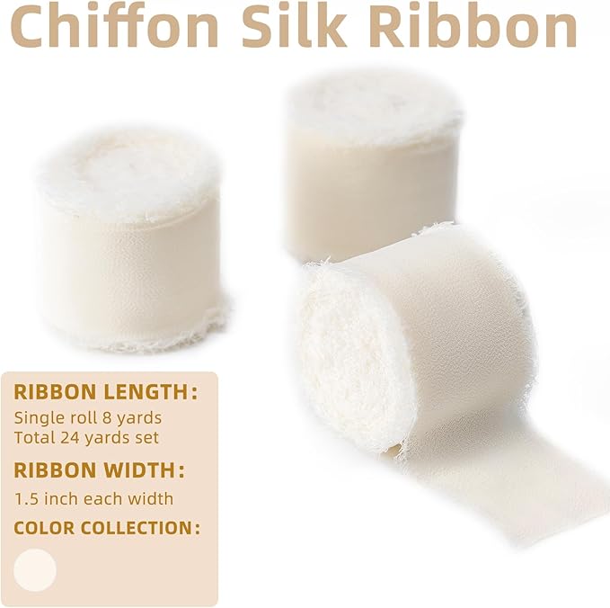Husfunov Ivory Handmade Chiffon Ribbon,1.5Inch x 3 Rolls Total 24 Yards Ivory Fringe Chiffon Silk Ribbon,for Wrapping Wedding Invitations,Bridal Bouquets,DIY Crafts,Home Decor and More