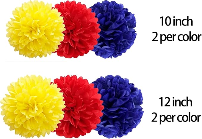 Red Blue Yellow Paper Pom Poms (12 Pack) - Hanging Tissue Flowers for Carnival Circus Birthday Party Ceiling Decorations
