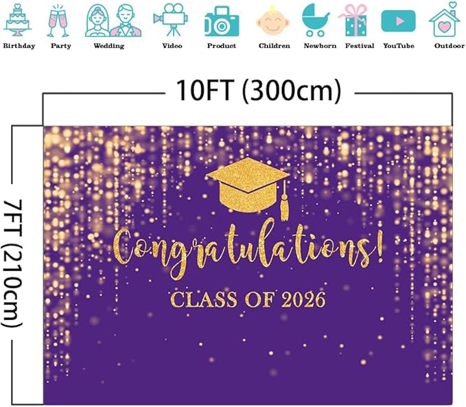 Mocsicka Class of 2026 Backdrop Purple Gold Glitter Bokeh Graduation Party Background 2026 Congrats Grad Prom Party Cake Table Decoration Photo Booth Props (10x7ft)
