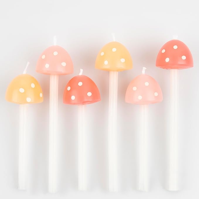 Meri Meri Mushroom Birthday Candles (Pack of 6) - 3D Mushroom Cake Toppers, Pastel Peach and Pink with White Spots, Fairy Party Decorations, Woodland Birthday Candles