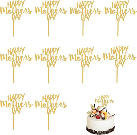 Happy Mothers Day Cake Topper, 10PCS Acrylic Glitter Mother's Day Cupcake Topper Decoration Picks for Birthday Mother's Day Cake Party Supplies (Gold -2)