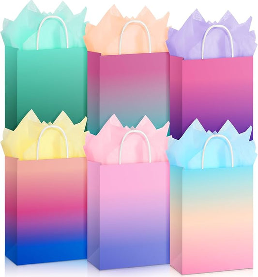 Pajean 24 Pack Ombre Gift Bags with Tissues Paper Gradient Paper Gift Bag with Handles Rainbow Party Favor Bags Kraft Goodies Treat Bag for Birthday Baby Shower Wedding Party Favors Supplies