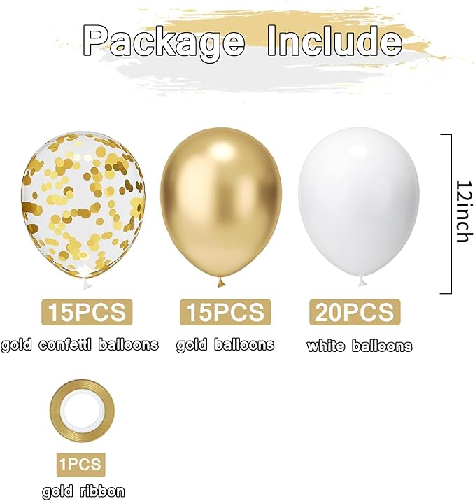 White and Gold Confetti Latex Balloons, 50 Pack 12 inch gold and white Party Balloons with Ribbons for Birthday Graduation Wedding Bridal Shower Party Decoration