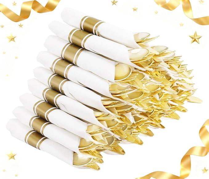 Supernal 240 Pcs Pre Rolled Napkins with Gold Plastic Silverware - 60 Sets Elegant Disposable Wrapped Cutlery: Heavy Duty Gold Forks, Knives, Spoons for Weddings, Parties, & Catering Events