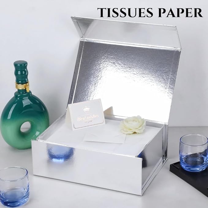 UoeRing 1 Pcs Silver Gift Box 9.5x6x3 inch Small Luxury Gift Box for Presents with Magnetic Lid Collapsible,Birthday,Christmas,Contains Card, Ribbon, Tissue Paper,Shredded Paper Fille