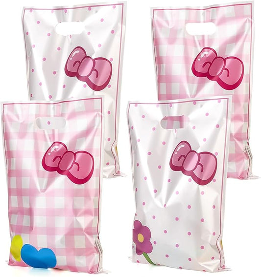 ADARRO Pink Cat Party Favor Bags 40 Pack, Cute Plastic Candy Treat Goodie Bags with Bow Tie and Flower Patterns for Birthday, Baby Shower