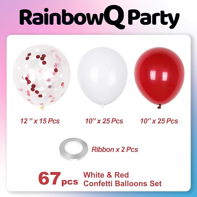 Metallic Shiny Red and White Balloons 12 Inch 67PCS Red White Confetti Balloons Latex Helium Balloon Set for Graduation Wedding Birthday Party Decorations