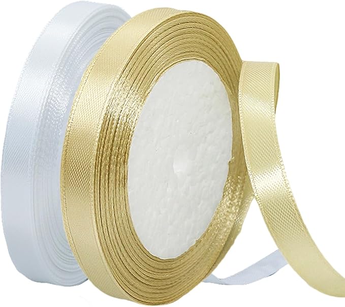 Gold Christmas Ribbon, Gold White Satin Ribbon 3/8 Inch 50 Yards Fabric Ribbons for Christmas Party Decorations, Gift Wrapping, Tree Ornaments, Bouquets, Door Wreaths, Bows Making and DIY Crafts