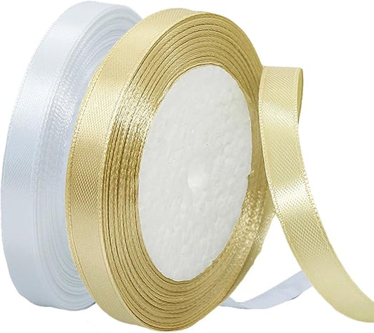Gold Christmas Ribbon, Gold White Satin Ribbon 3/8 Inch 50 Yards Fabric Ribbons for Christmas Party Decorations, Gift Wrapping, Tree Ornaments, Bouquets, Door Wreaths, Bows Making and DIY Crafts