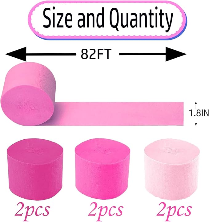 Pink Crepe Paper 6 Pcs Streamers for Party Decorations, Birthday Wedding DIY Crafts, Gift Wrapping Supplies