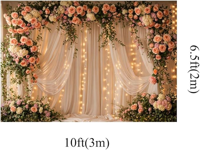 Kate 10x6.5ft Blush Floral Curtain Photography Backdrop with Lights Romantic Peach Rose Sheer Curtain Photo Background for Wedding Bridal Shower Birthday Party Photoshoot